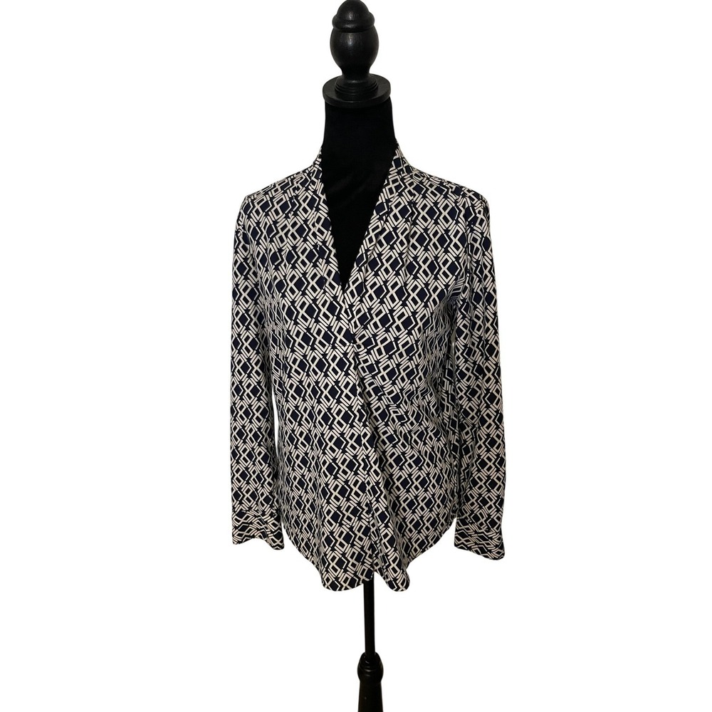 Ralph Lauren XS Top Navy‎ Cream Geometric Long Sleeve Blouse Shirt XS EUC
